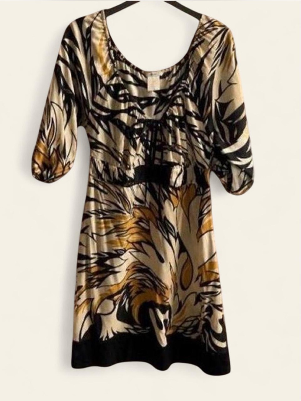 GUESS by Marciano Black Yellow Ivory Abstract Print Front Tie Keyhole Dress Med